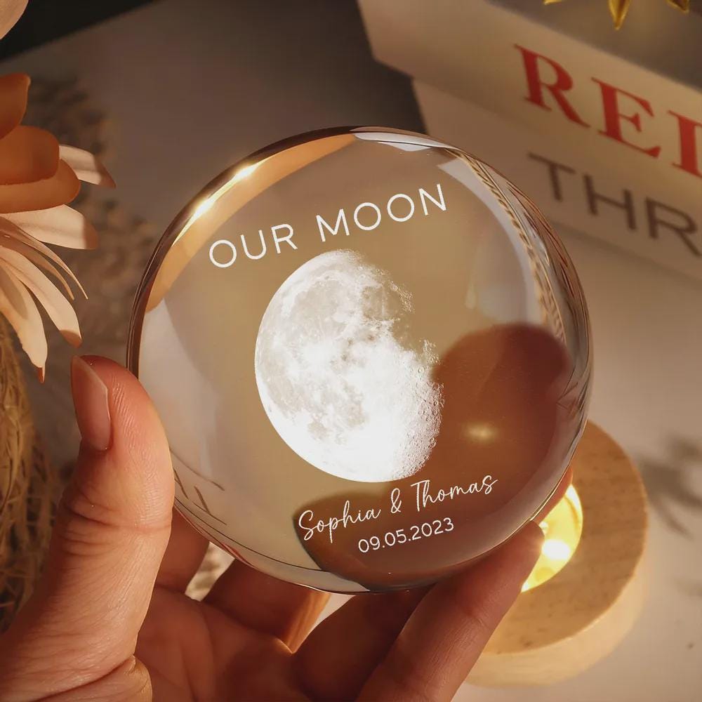 Personalized Moon Phase Crystal Ball Lamp, Custom Anniversary Night Light, Couple Anniversary Gift, Customizable with your names or special date, USB powered with 4 lighting modes