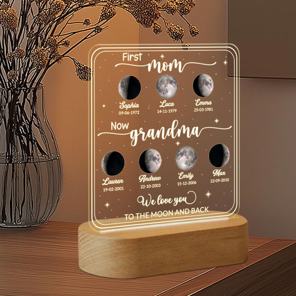 Personalized Moons Phase With Kids Names Night Light, Custom First Mom Now Grandma, Mother’s Day Present for Mom, the Day You Were Born Gift