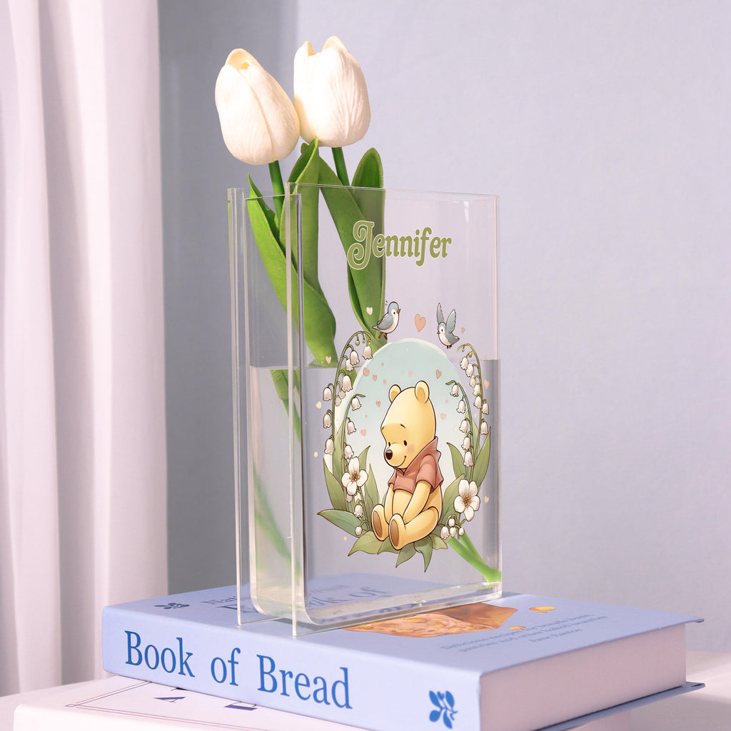 Winnie the Pooh Acrylic Book Vase, Cute Bear Bookish Vase, Lily of the Valley Book Shaped Vase Decor, Personalized Gift for Cartoon Lovers