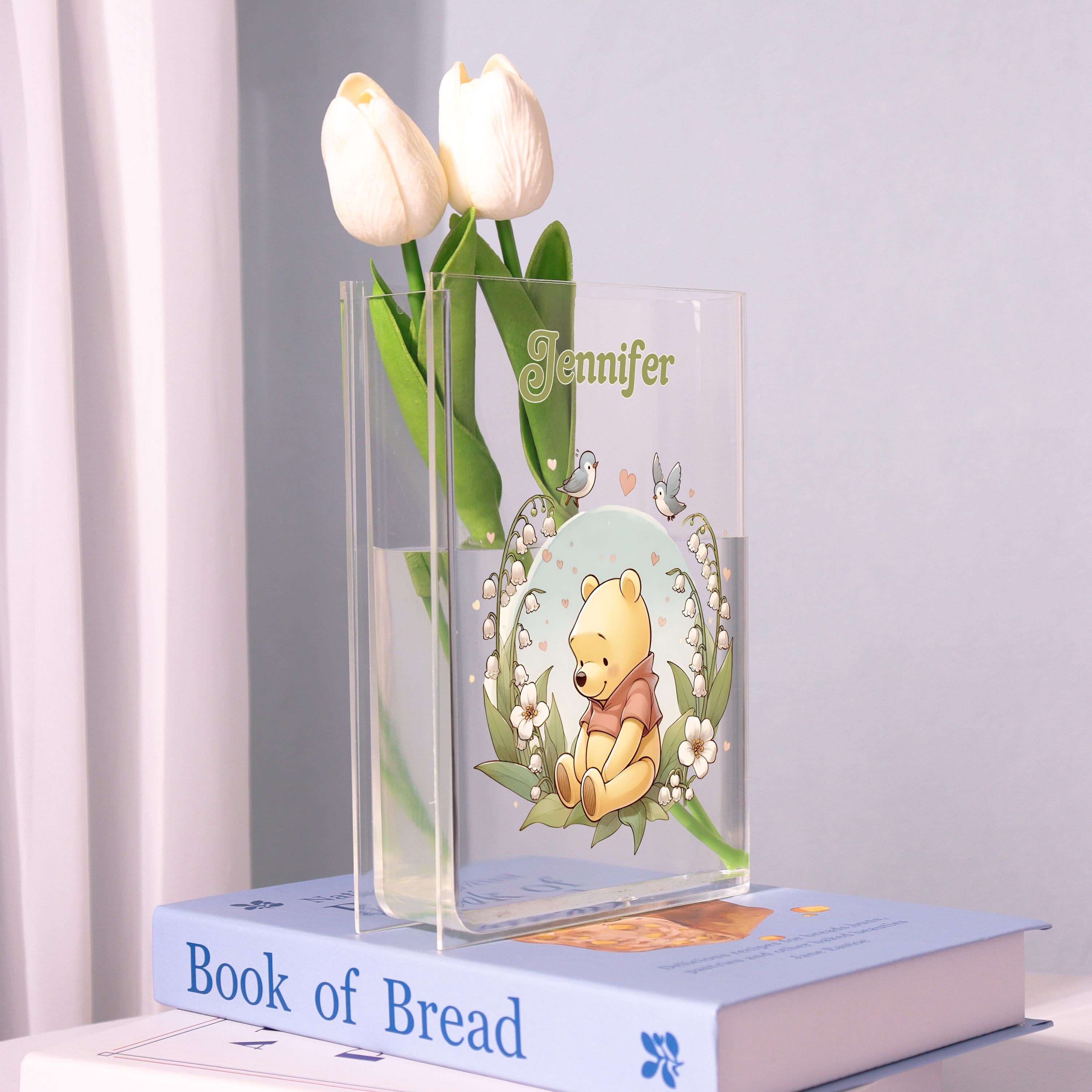 Winnie the Pooh Acrylic Book Vase, Cute Bear Bookish Vase, Lily of the Valley Book Shaped Vase Decor, Personalized Gift for Cartoon Lovers