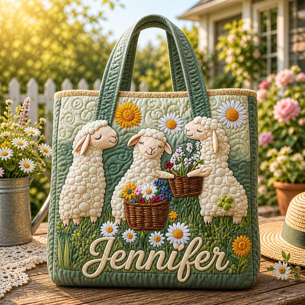 Personalized Meadow Sheep Quilt Tote Bag, Custom Name Funny Sheep Tote, Cute Farm Animal Bag, Quilted Shoulder Bag, Handbag for Animal Lover
