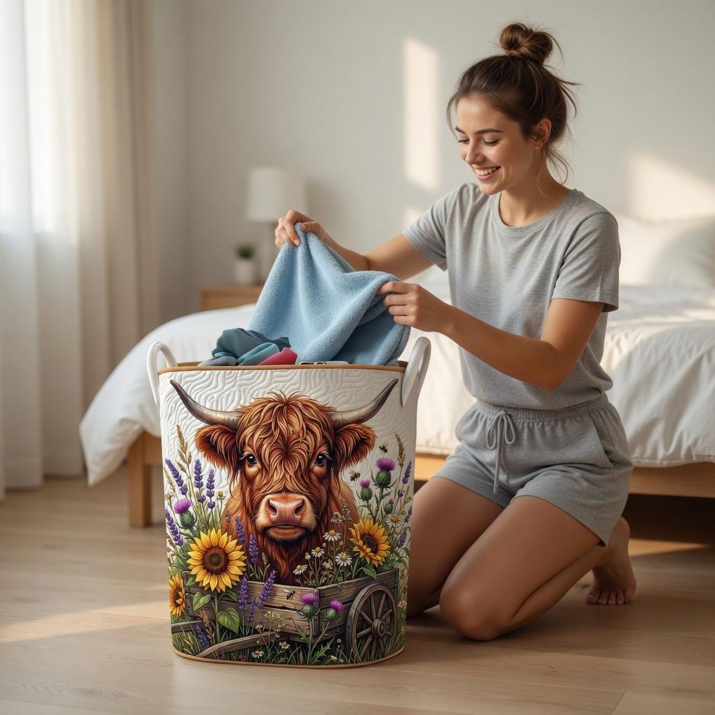 Highland Cow Quilted Laundry Hamper, Sunflower Floral Farmhouse Storage Bin, Rustic Country Laundry Basket, Cozy Room Decor