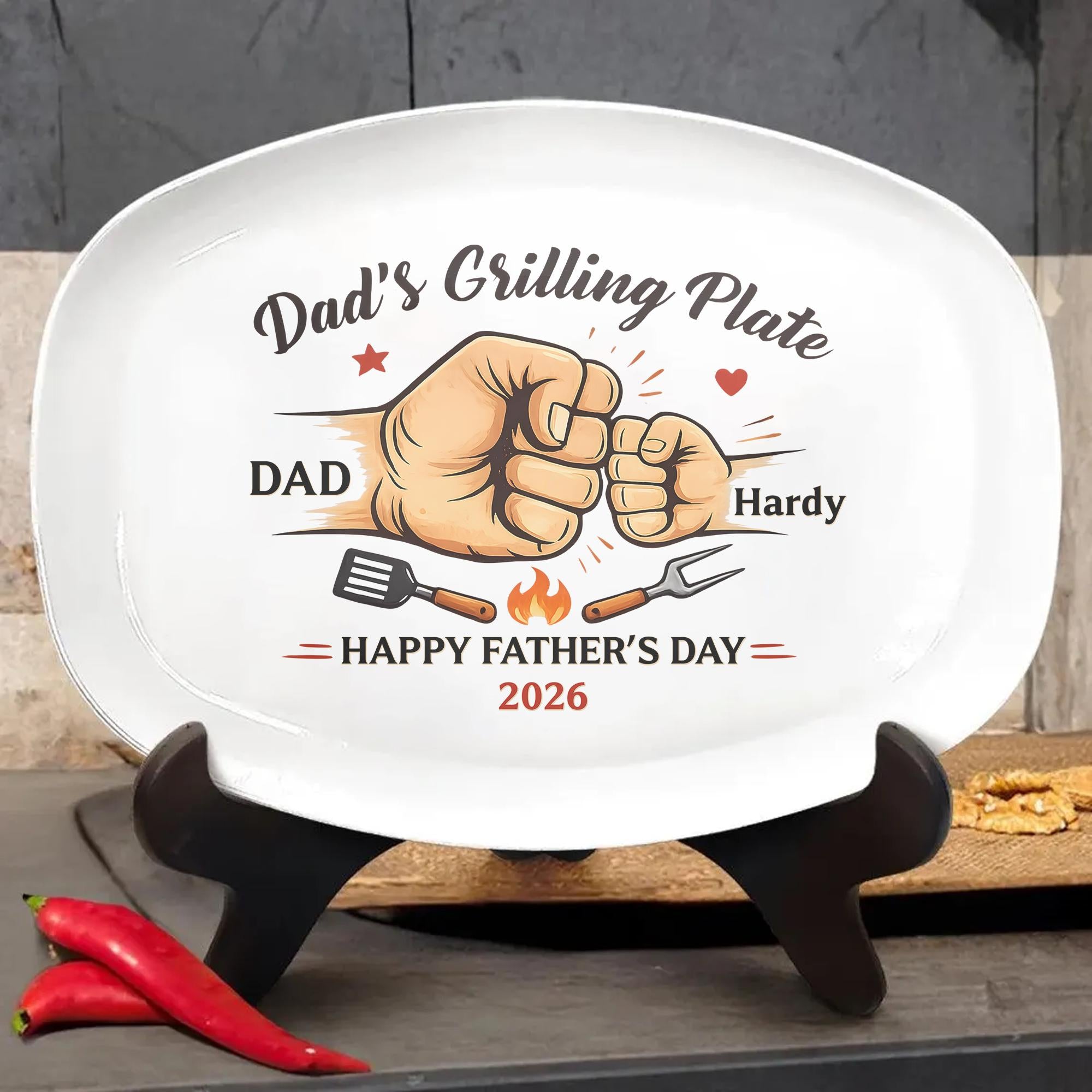 Custom Fist Bump Grilling Plate for Dad, Custom Name Platter, Funny Decor Platter for Papa, Father Day Gift