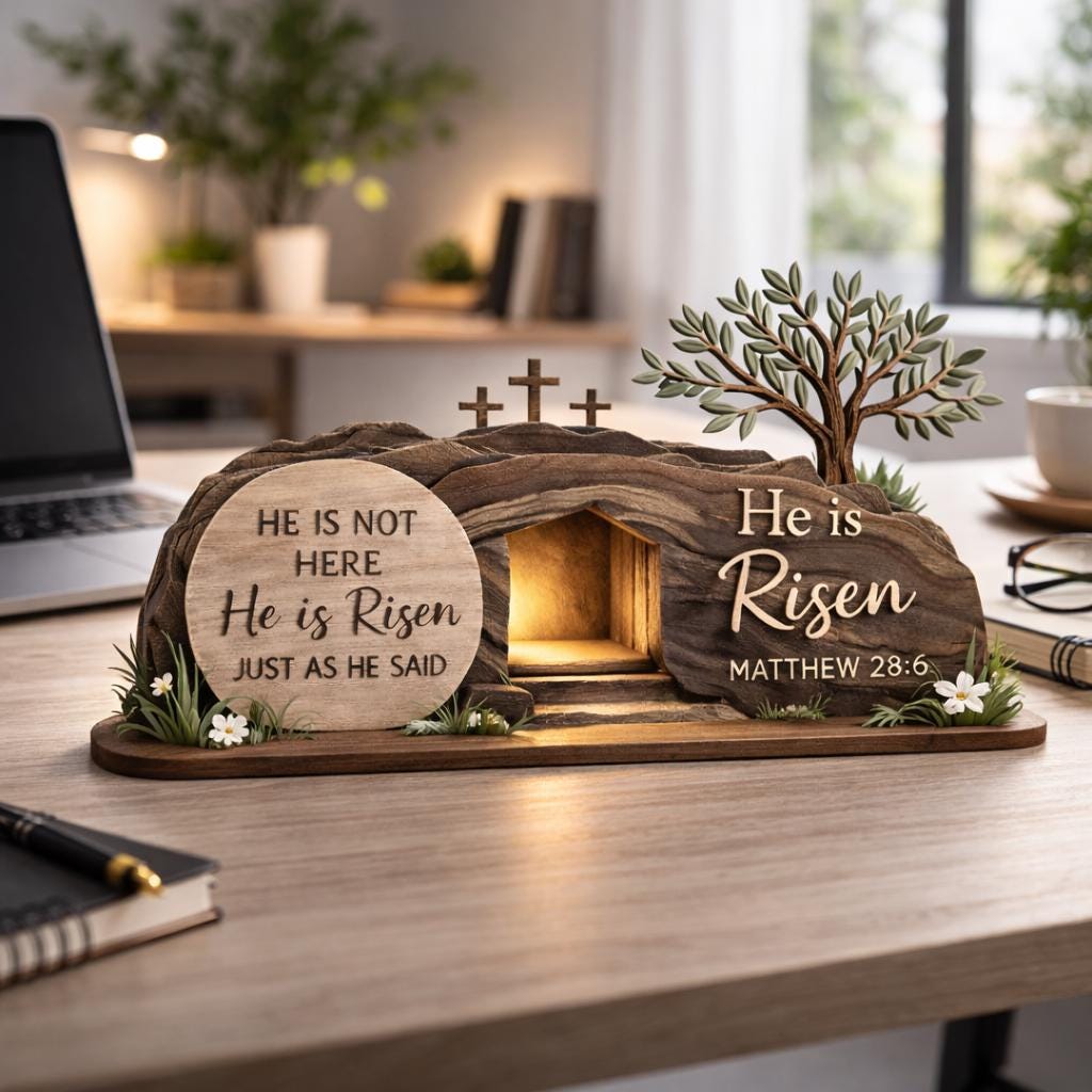 He is Risen Easte Wooden Block, Christian Resurrection Table Sign, Religious Home Decor Gift, Empty Tomb Cross Wood Shelf
