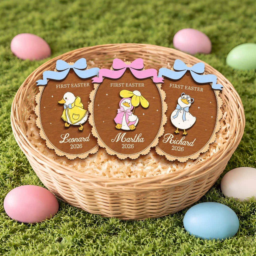 Personalized First Easter Basket Tag – Custom Duck Wooden Name Tag for Baby