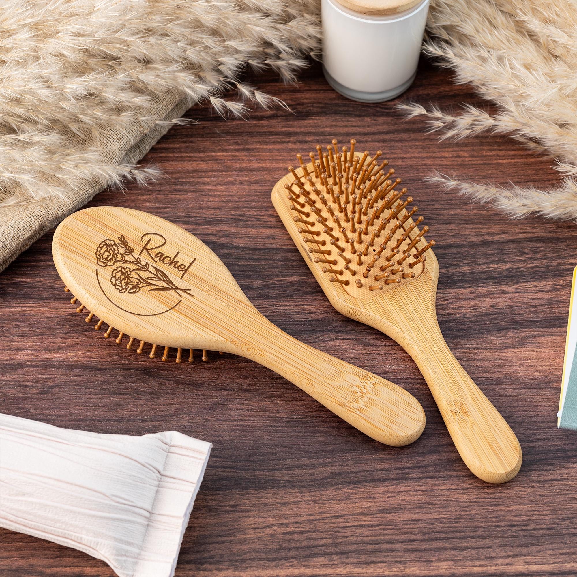 Personalized Birth Flower Wooden Comb,Engraved Name Airbag Brush,Wedding Bridesmaid Gift,Birthday Gift for Her,Bamboo Paddle Hairbrush