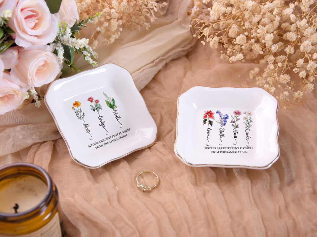 Sisters Are Different Flowers From the Same Garden, Personalized Ring Dish for Sister, Besties Flower Ring Holder, Friendship Jewelry Dish