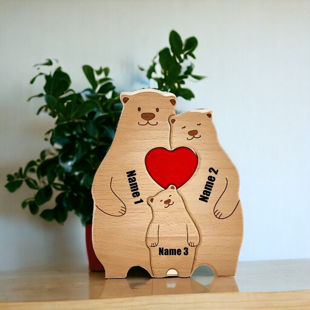 Personalised Wooden Bear Family Puzzle _ Custom Engraved Figurines _ Woodland Family Keepsake Gift for Mum, Dad & Kids, Rustic Home Decor