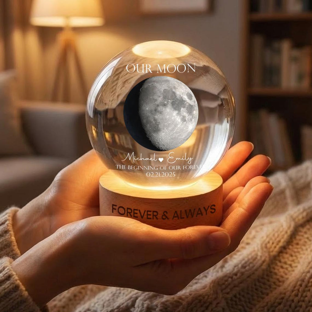 Personalized Moon Phase Anniversary Crystal Ball Lamp_ Engraved Wood Base Custom Keepsake