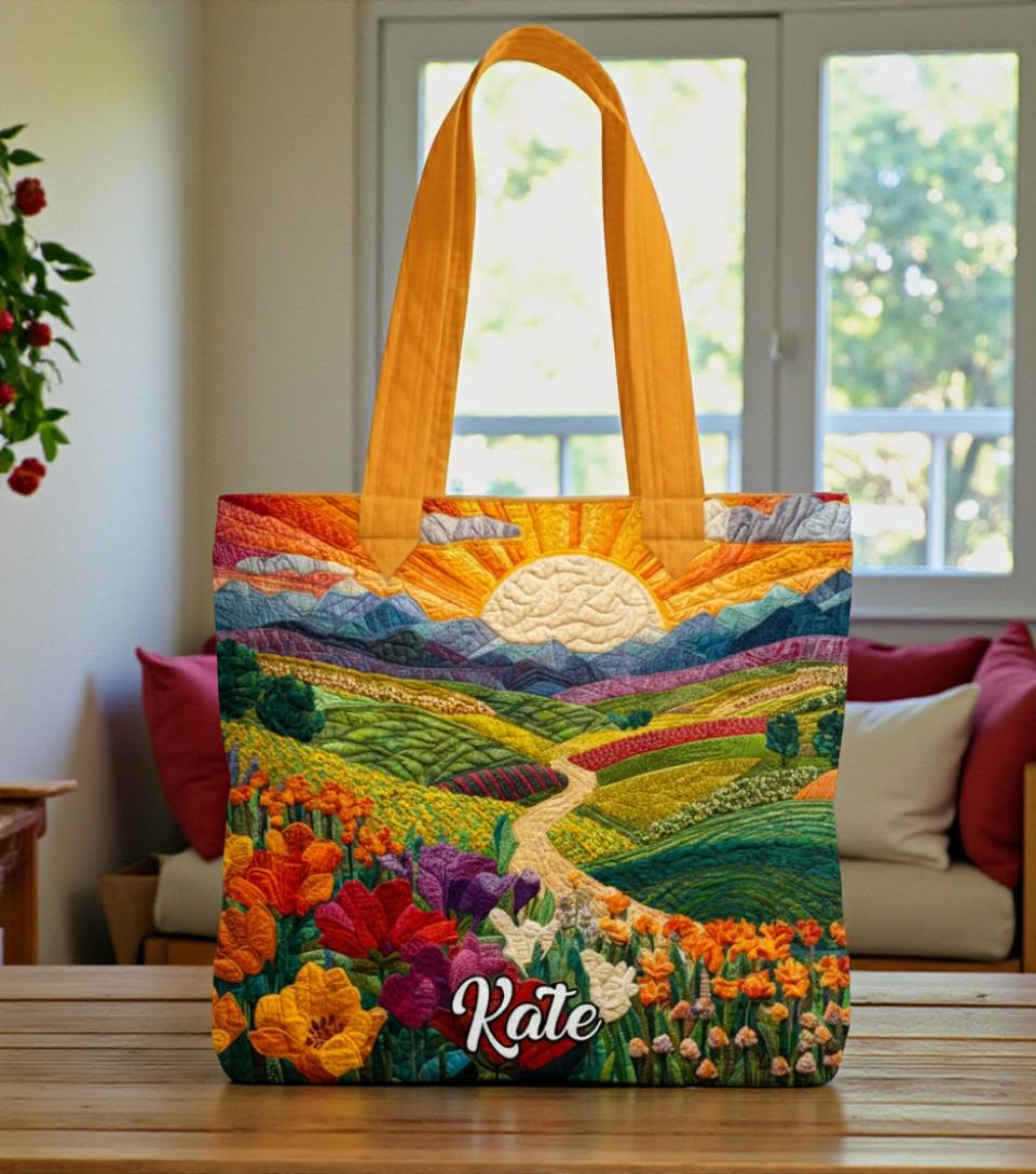 Personalized Sunrise Quilt Tote Bag, Colorful Mountain Landscape Tote Bag, Custom Name Nature Quilt Tote Bag, Cozy Gift for Nature Lovers