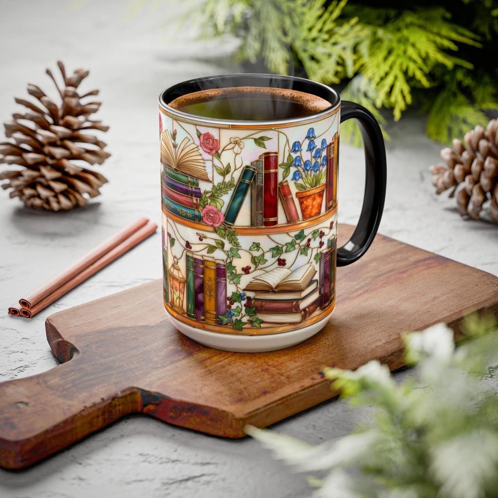 Stained Glass Bluebell Mug, Floral Ivy Bookshelf Cup, Cottagecore Reader Gift, Rose Library Art, Botanical Book Lover, 11oz 15oz, Gift Mug – Thoughtful Design for Coffee Lovers