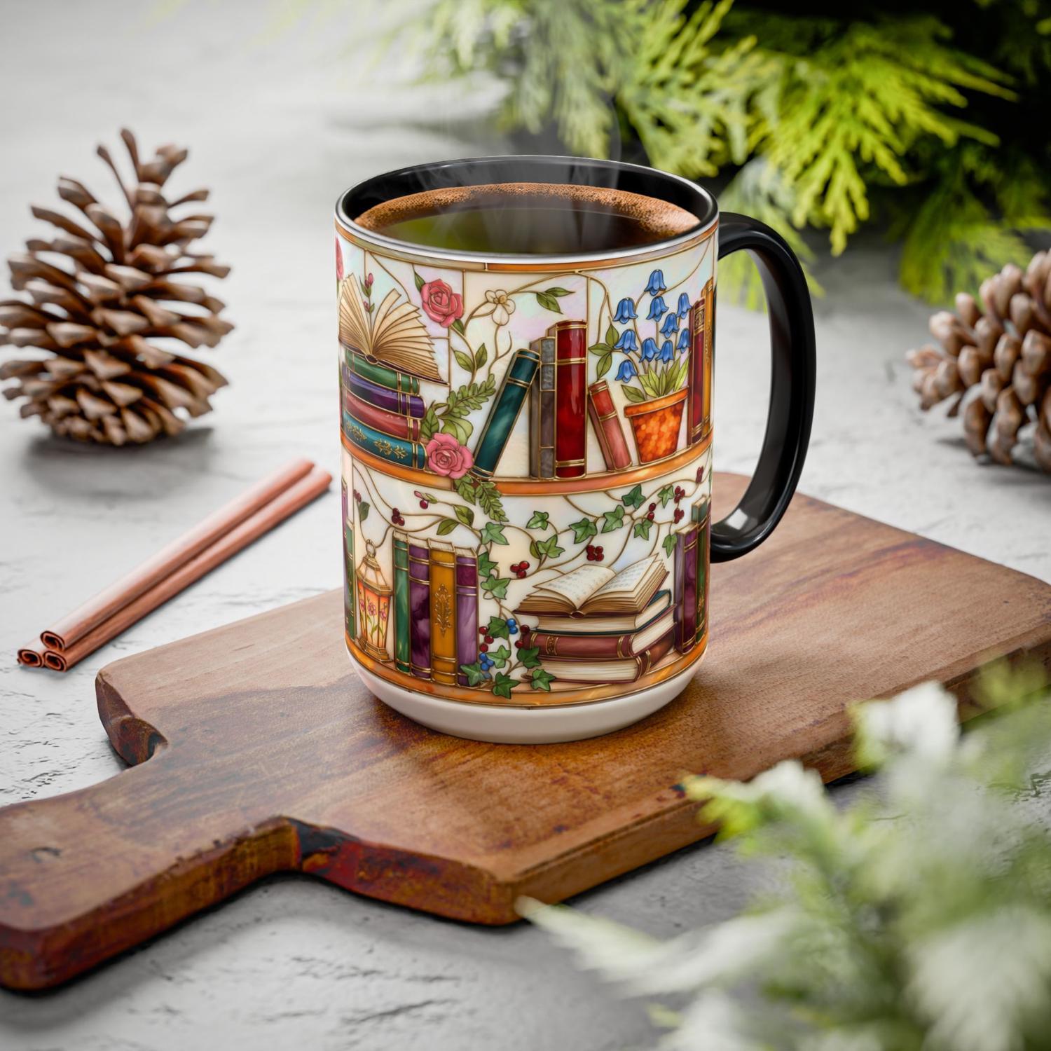 Stained Glass Bluebell Mug, Floral Ivy Bookshelf Cup, Cottagecore Reader Gift, Rose Library Art, Botanical Book Lover, 11oz 15oz, Gift Mug – Thoughtful Design for Coffee Lovers