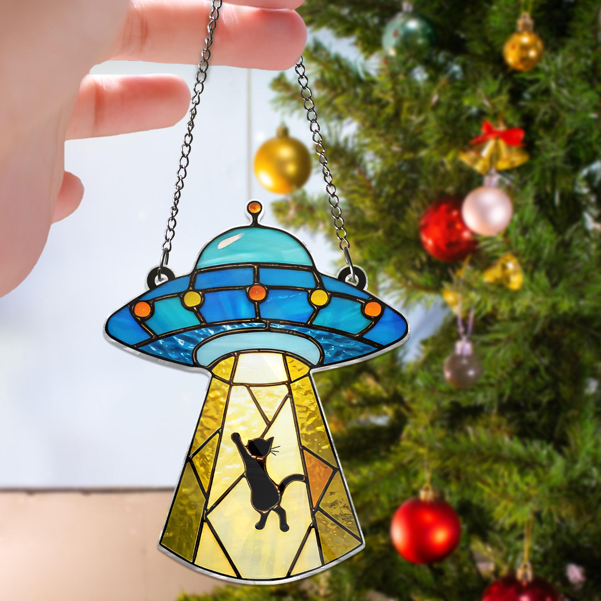 Cat Ufo Encounter ACRYLIC Window Hanging, Cat Inspire Art Custom Acrylic Cat Gifts Cat Memorial Gifts Cat Lovers NOT GLASS