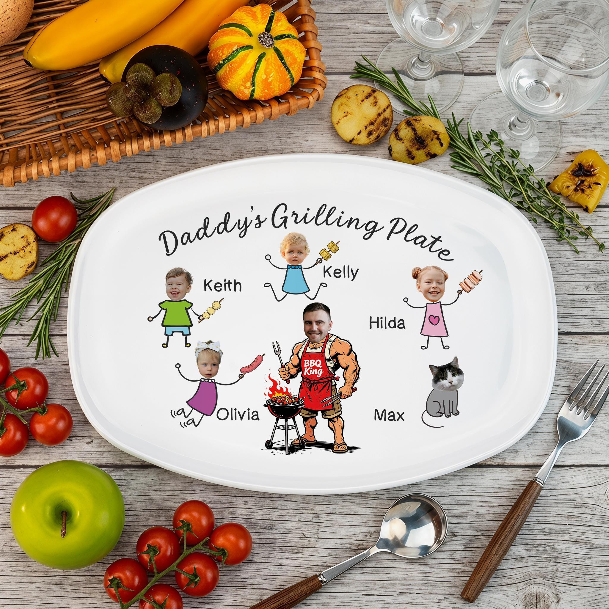 Dad’s Grilling Plate, Funny Father’s Day Gift, Personalized Grilling Plate, Grilling Plate Gift With Kids & Pets, BBQ Gift for Dad Grandpa