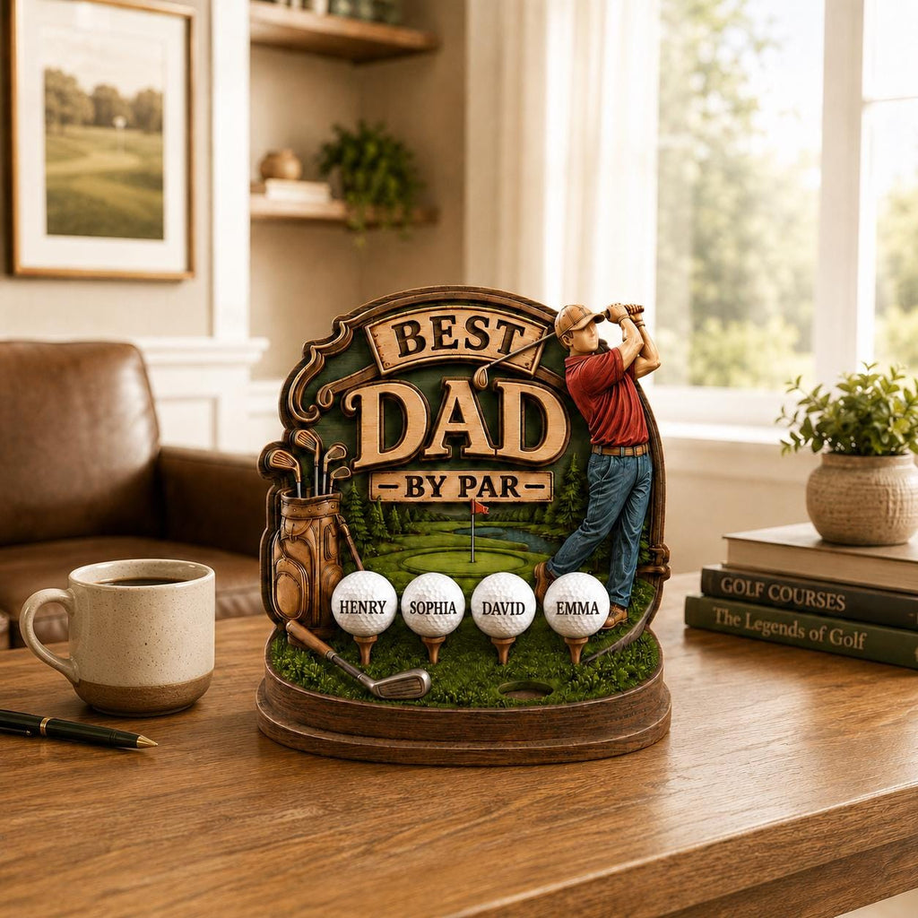 Personalized Golf Dad Sign 2D Flat Wooden Block, Wood With Kids Names Best Dad by Par Sculpture, Golf Grandpa Papa Gift, Father’s Day Gift