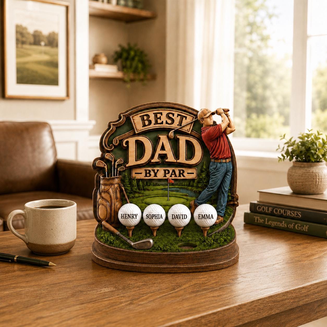 Personalized Golf Dad Sign 2D Flat Wooden Block, Wood With Kids Names Best Dad by Par Sculpture, Golf Grandpa Papa Gift, Father’s Day Gift