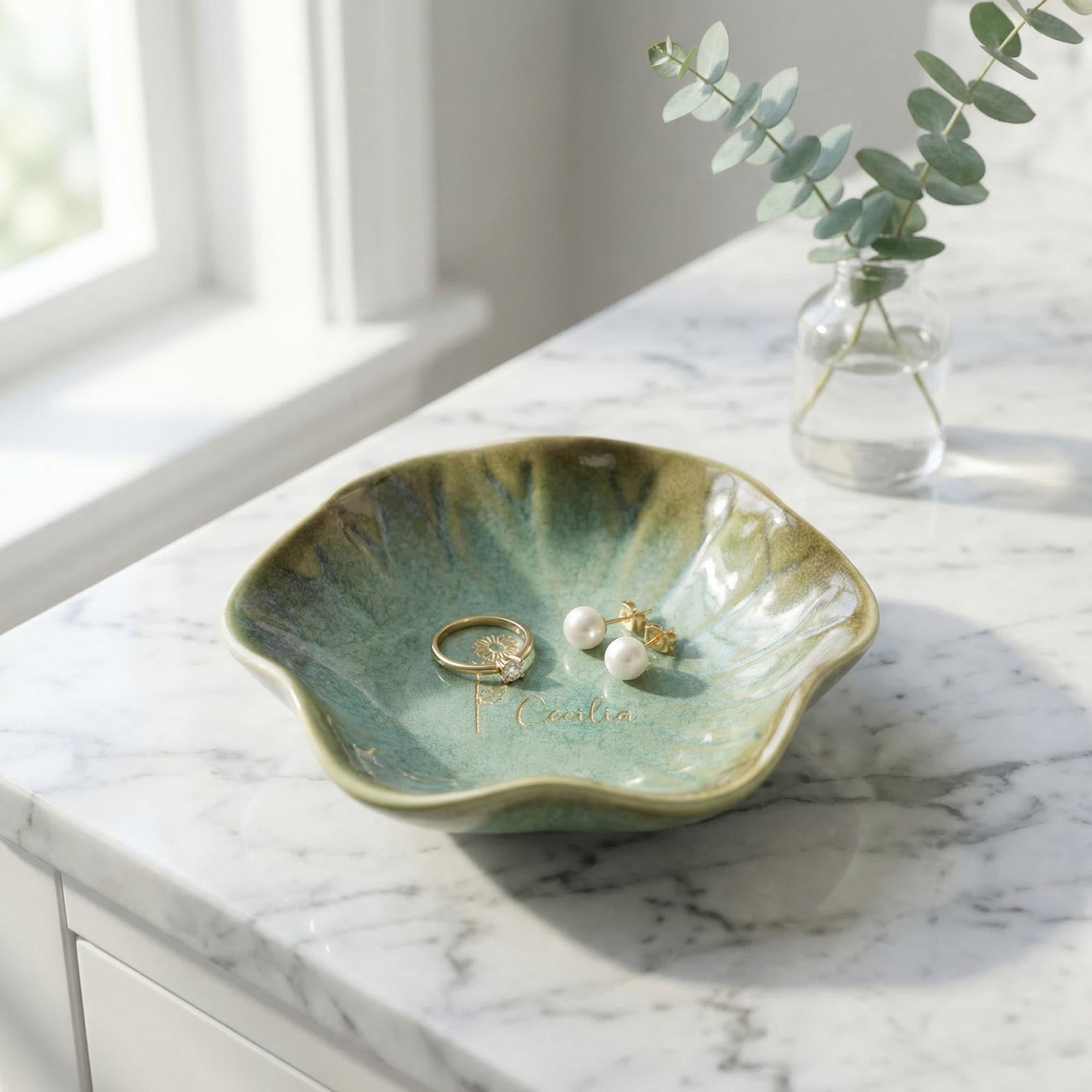 Engraved Ceramic Jewelry Dish-Custom Initials Ring Ceramic Tray-Personalized Earrings Holder with Name-Bridesmaid Gift-Wedding Gift for Her