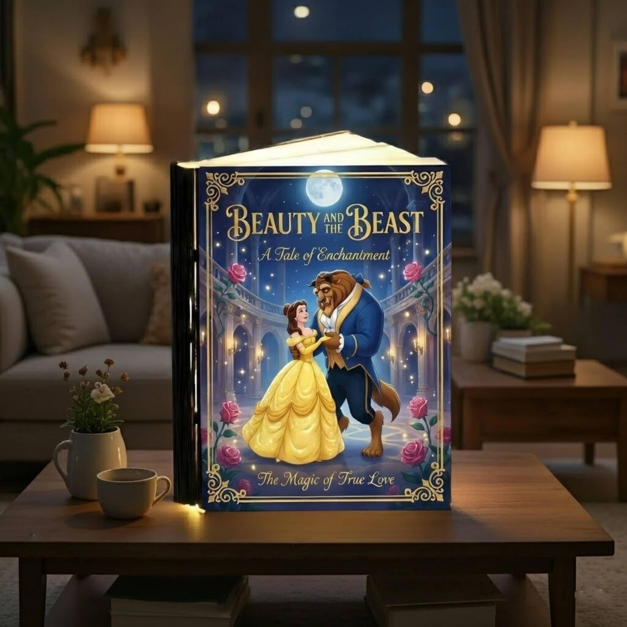 Beauty and the Beast Book Lamp, Fairy Tale Bedroom Decor, Enchanted Rose Night Ligh, Romantic Gift for Her, Disney Home Decor