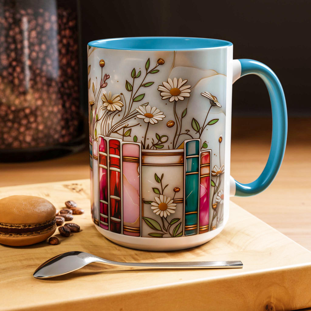 Stained Glass Floral Bookshelf Mug 15oz _ Book Lover Mug, Bookish Library Cup, Ceramic Coffee Cup, Aesthetic Library Decor for Her