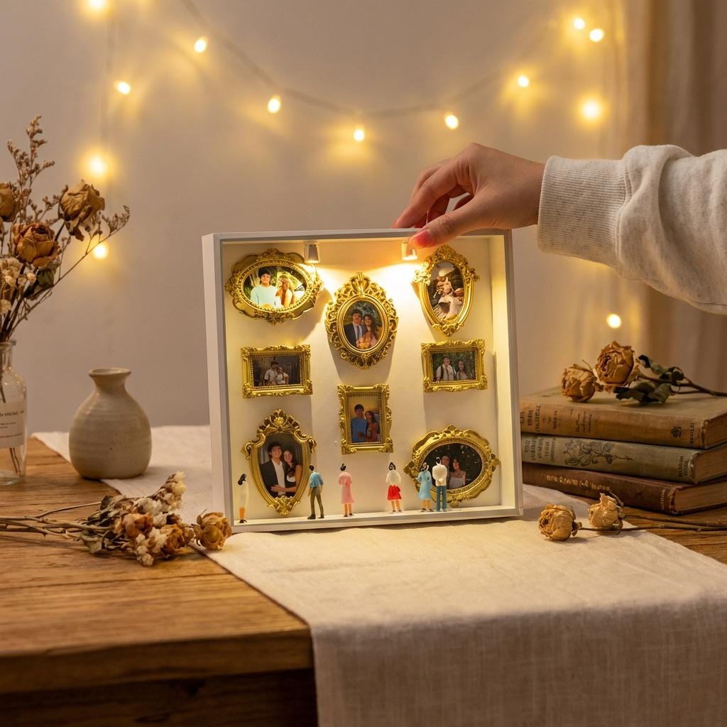 DIY Mini Museum Silhouette Box, LED Lighted Photo Shadow Box, Gold Vintage Frames with Mini Figurines, Personalized Memory Display Box,