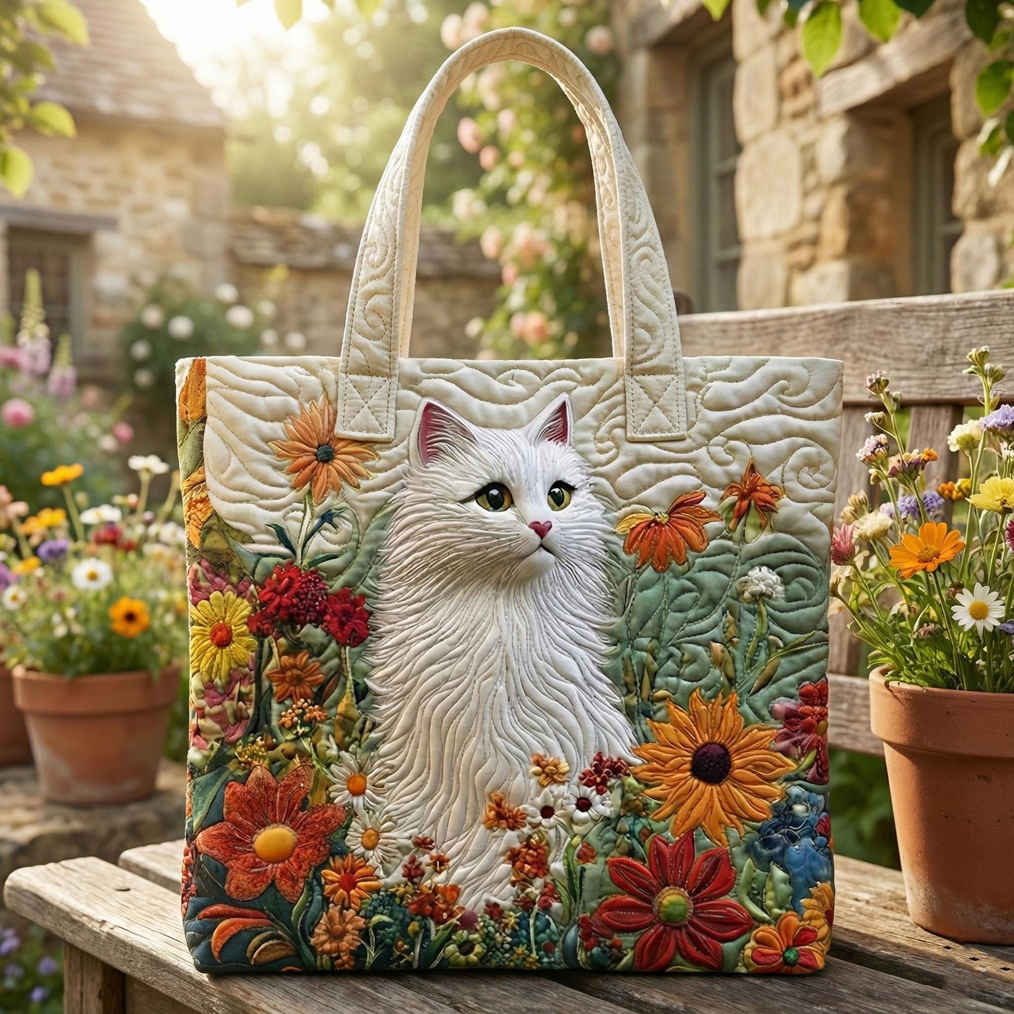 Quilted Cat Tote Bag, White Persian Cat Handbag, Floral Applique Purse, Botanical Garden Bag, Gift for Cat Mom, Handmade Shoulder Bag