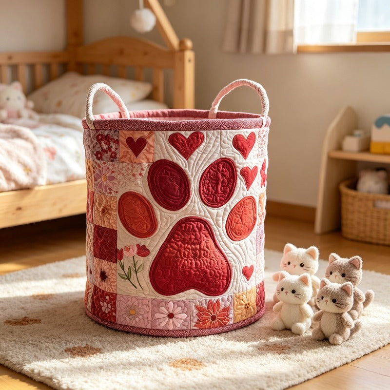 Love Heart Print Quilted Laundry Basket, Padded Fabric Clothes Hamper, Foldable Storage Bin for Bedroom Bathroom Nursery Decor