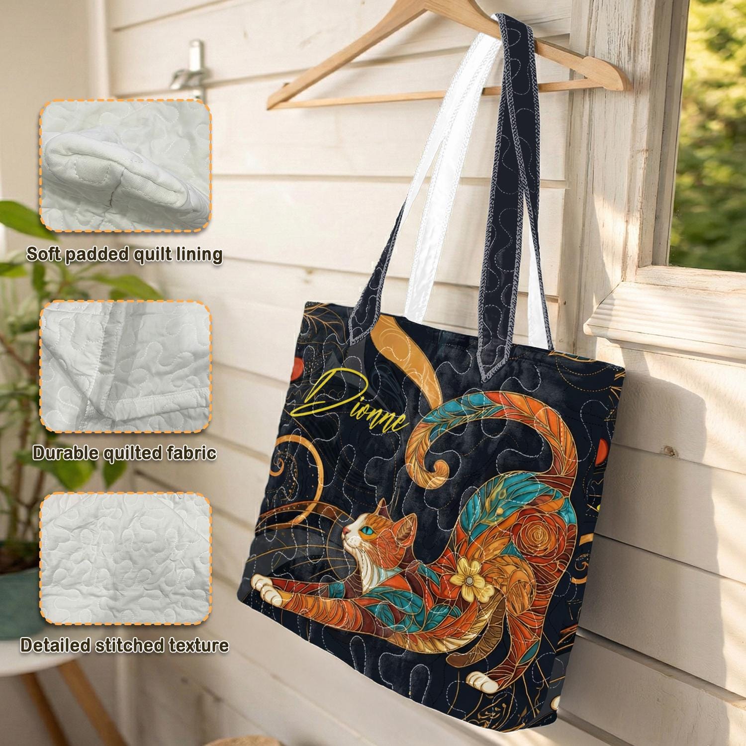 Personalized Cat Tote Bag, Quilted Cat Bag, Custom Name Gift for Cat Lovers, Colorful Cat Art Bag, Pet Lover Tote