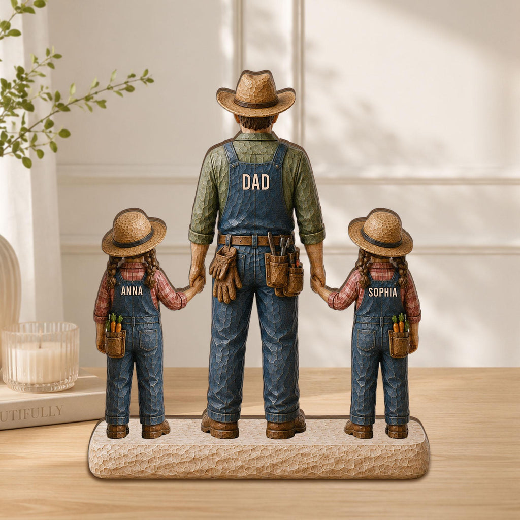 Personalized Farmer Dad Wooden Block, Custom Dad With Kids Wooden Block, Father’s Day Gift for Farmer Dad, Dad Keepsake Gift