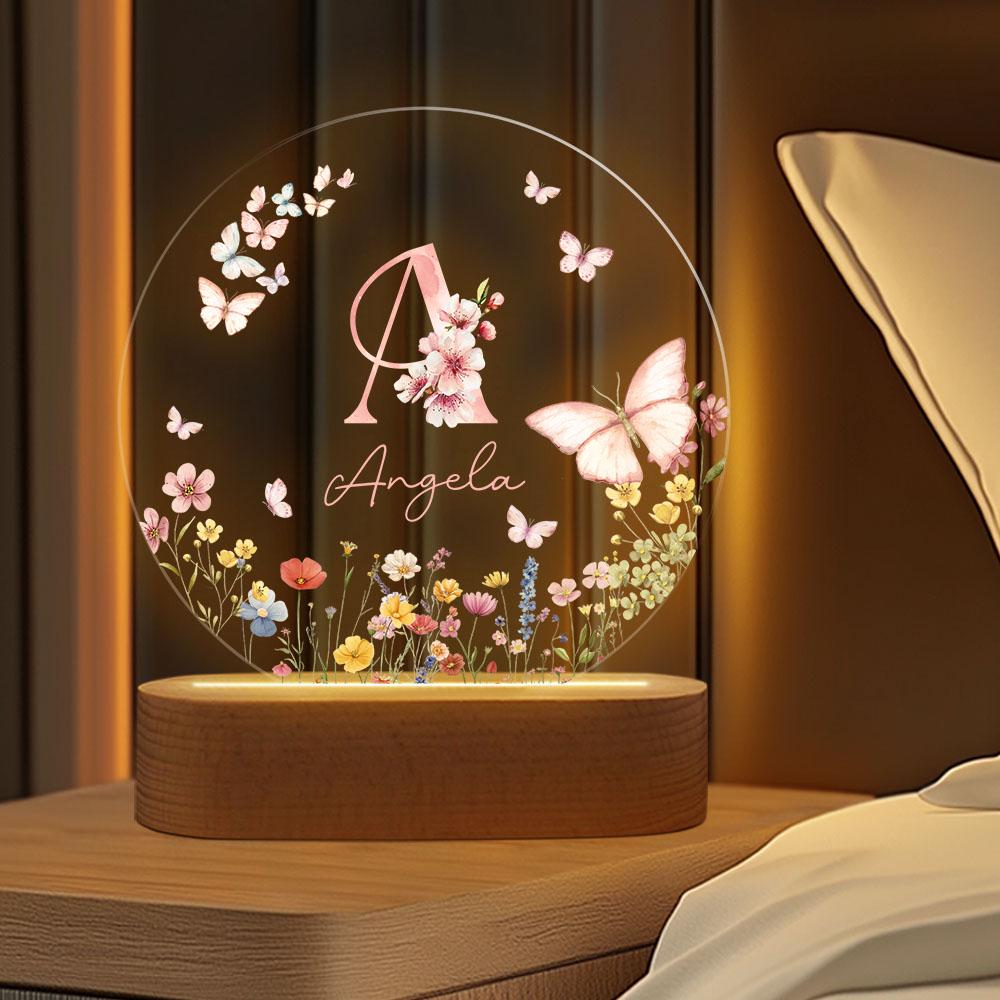Personalized Name Night Light, Butterfly Flower LED Lamp, Custom Acrylic Light With Wooden Base, Gift for Her, Bedroom Decor