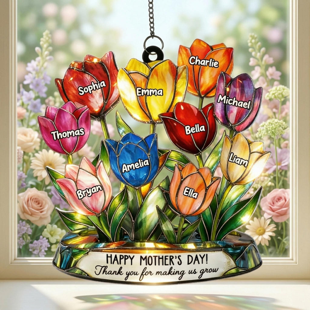 Personalized Tulip Glass Suncatcher, Custom Tulip Family Window Hanging, Gift for Mom, Mother’s Day Gift, Custom Names Flower Decor