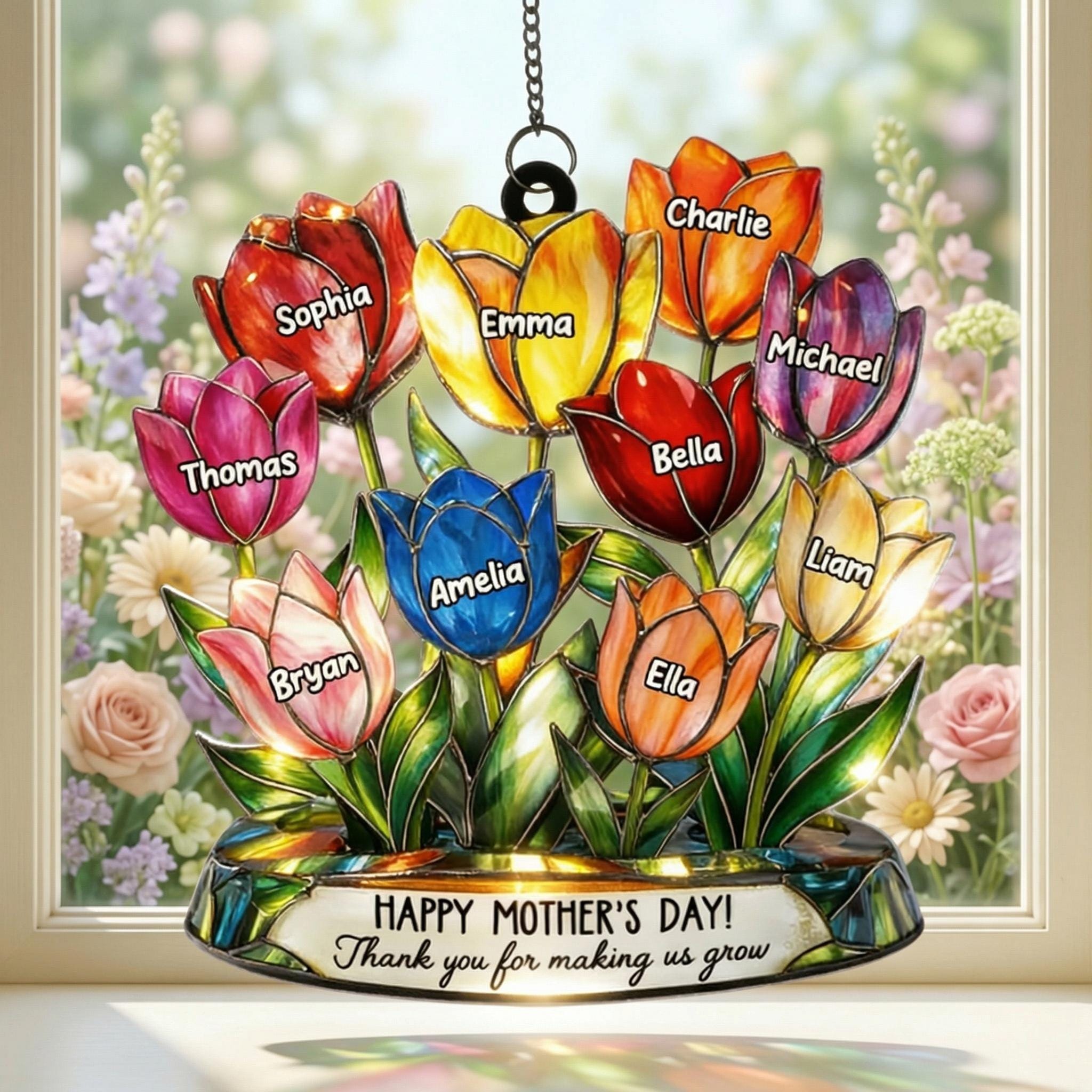 Personalized Tulip Glass Suncatcher, Custom Tulip Family Window Hanging, Gift for Mom, Mother’s Day Gift, Custom Names Flower Decor