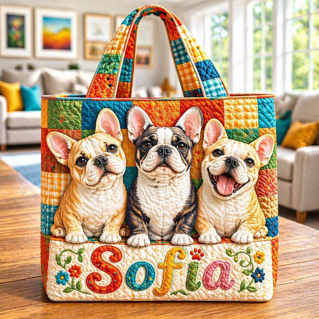 Personalized French Bulldog Quilted Tote Bag, Custom Name Adorable Bulldog Quilt Handbag, Animal Stylish Tote, Shoulder Bag Gift for Her