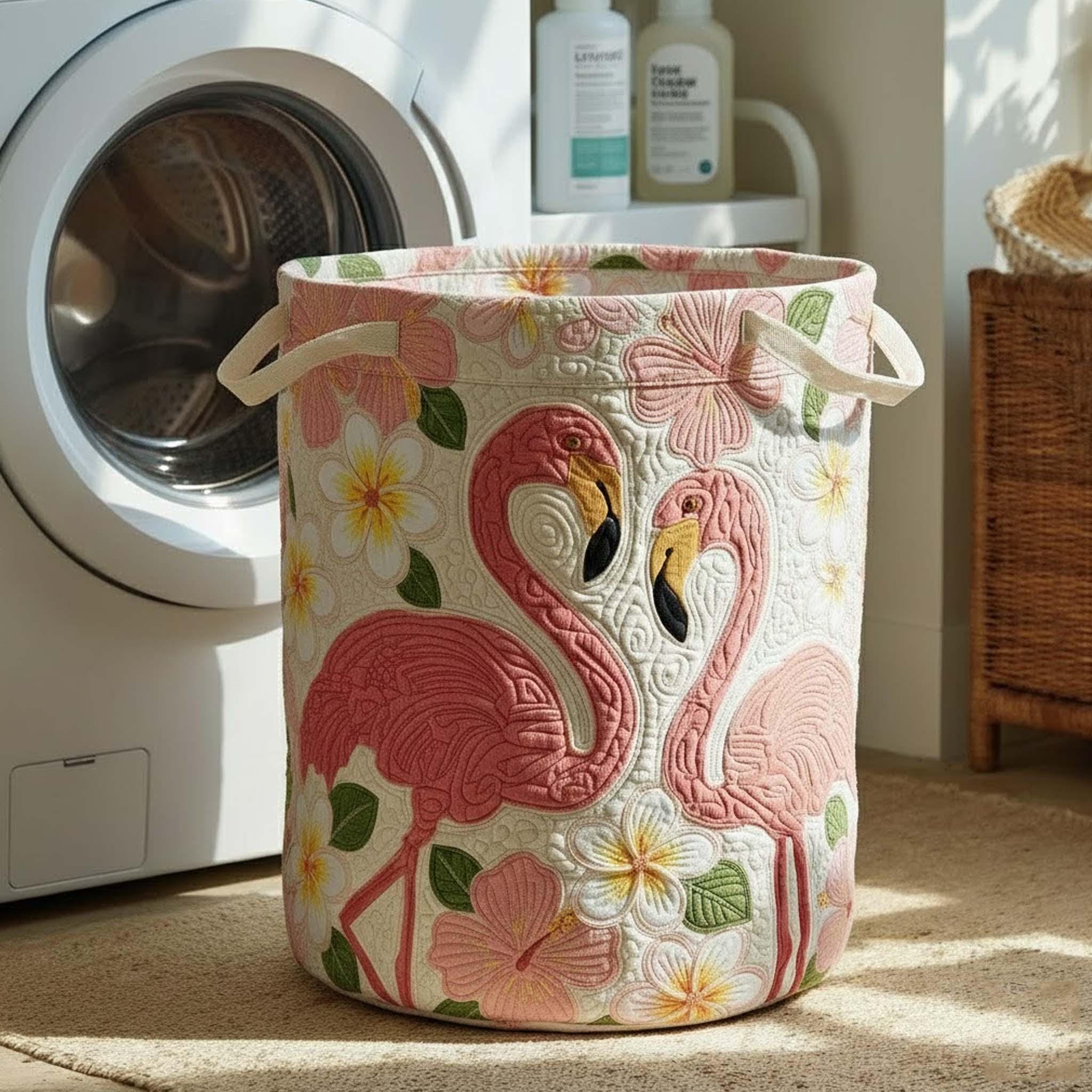 Pink Flamingo Quilted Laundry Basket, Tropical Floral Storage Bin, Quilted Flamingo Laundry Basket