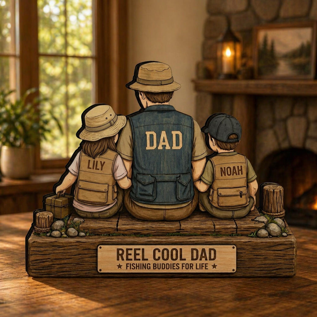 Personalized Fishing Dad Wooden Block, Gift Custom Father and Kids Name Sign, Reel Cool Dad Rustic Keepsake