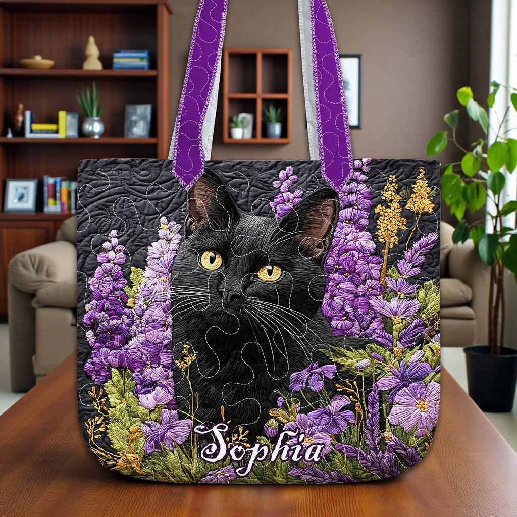 Personalized Black Cat Quilted Tote Bag, Custom Name Floral Cat Design, Purple Garden Quilt Art Tote, Unique Gift for Cat Lovers