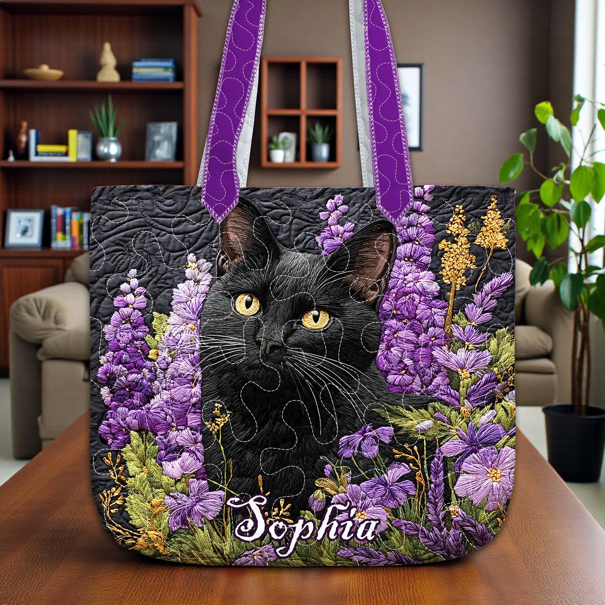Personalized Black Cat Quilted Tote Bag, Custom Name Floral Cat Design, Purple Garden Quilt Art Tote, Unique Gift for Cat Lovers