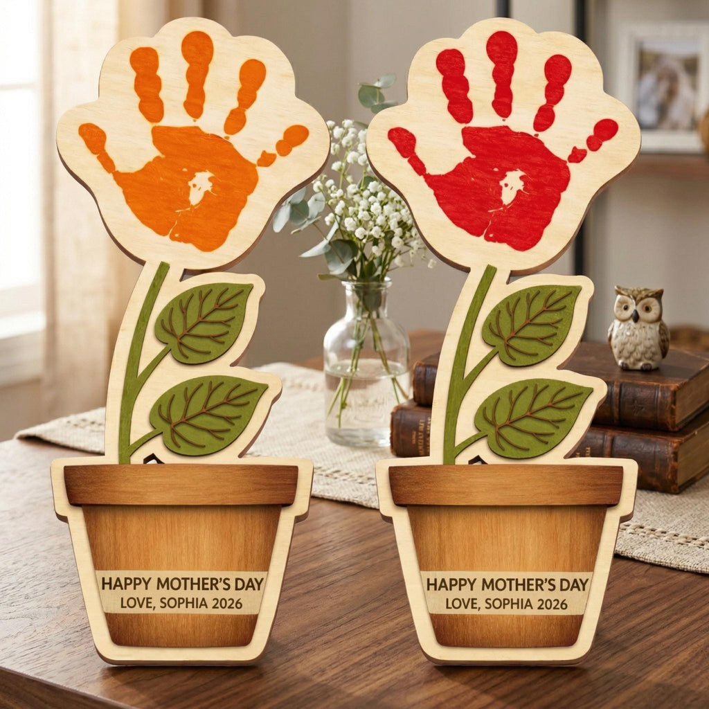Personalised Mother's Day Flower Handprint, Baby's First Mother's Day Handprint Art, Gift for New Mom, Wooden Keepsake Mother’s Day Gift