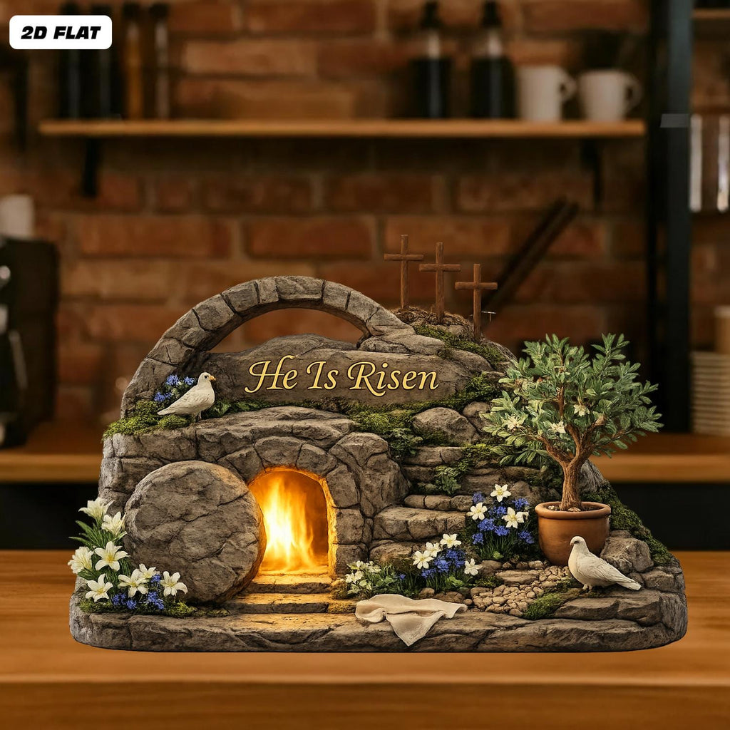 Easter He is Risen Lighted Tomb Diorama Wooden Block, Christian Spring Table Decor, Religious Centerpiece for Easter, Faith Home Decor Gift