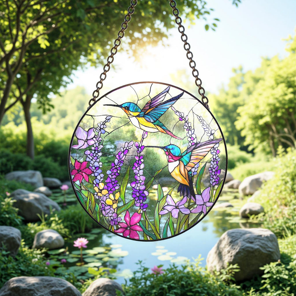 Hummingbird Stained Glass Suncatcher, Light-catching Window Hanging, Bird Glass Art, Gift for Mom or Grandma, Sympathy Memory Gift