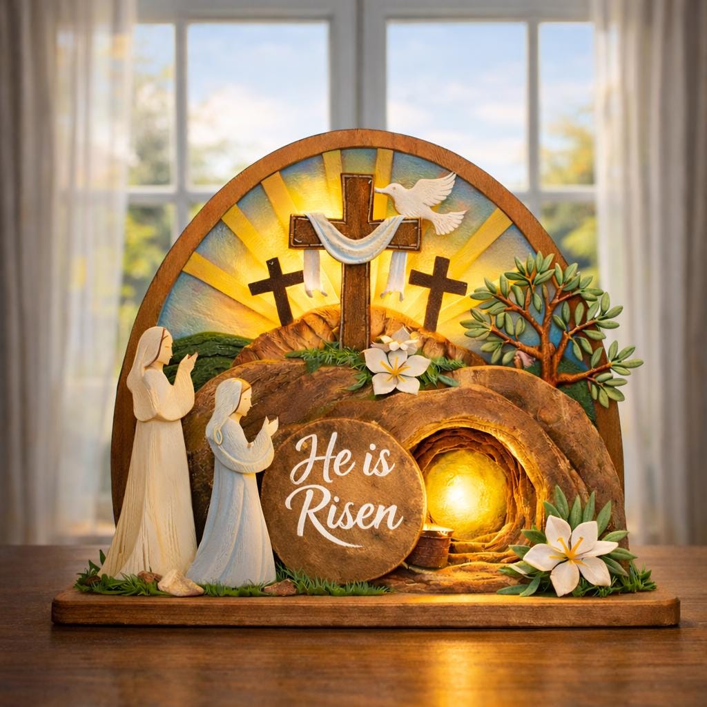 Easter Wooden Standing, He is Risen Decor, Empty Tomb Cross Scene, Christian Resurrection Display, Faith Tabletop Shelf Sign Gift