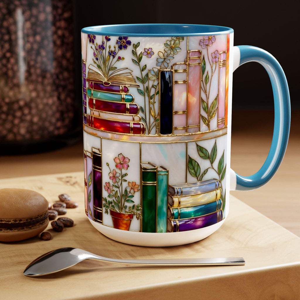 Stained-Glass Style Floral Bookshelf Mug, Book Lover Gift, Bookish Mug, Library Cup 11oz 15oz, bookshelf mug gift