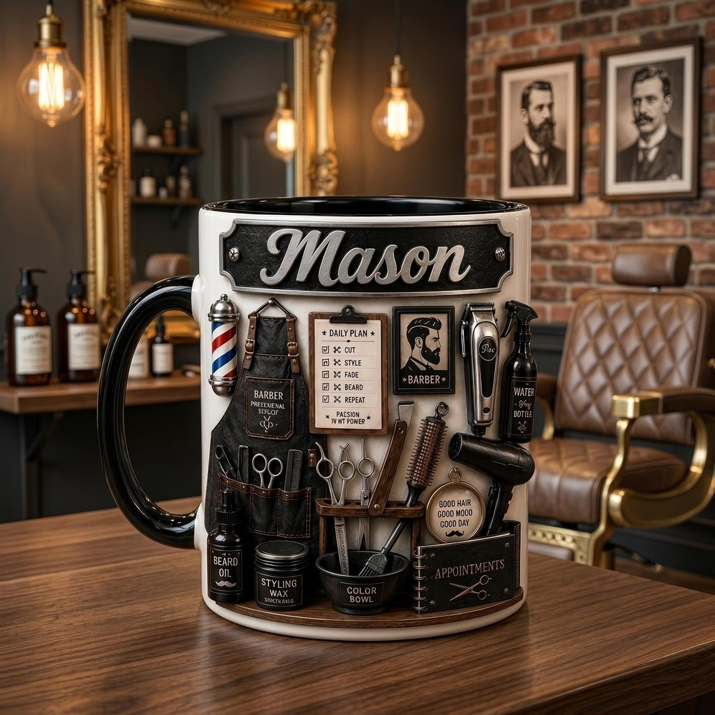 Personalized Barber Mug, Barber Shop Coffee Cup, Custom Hairstylist Gift Mug, Barber Appreciation Gift, Salon Coffee Cup