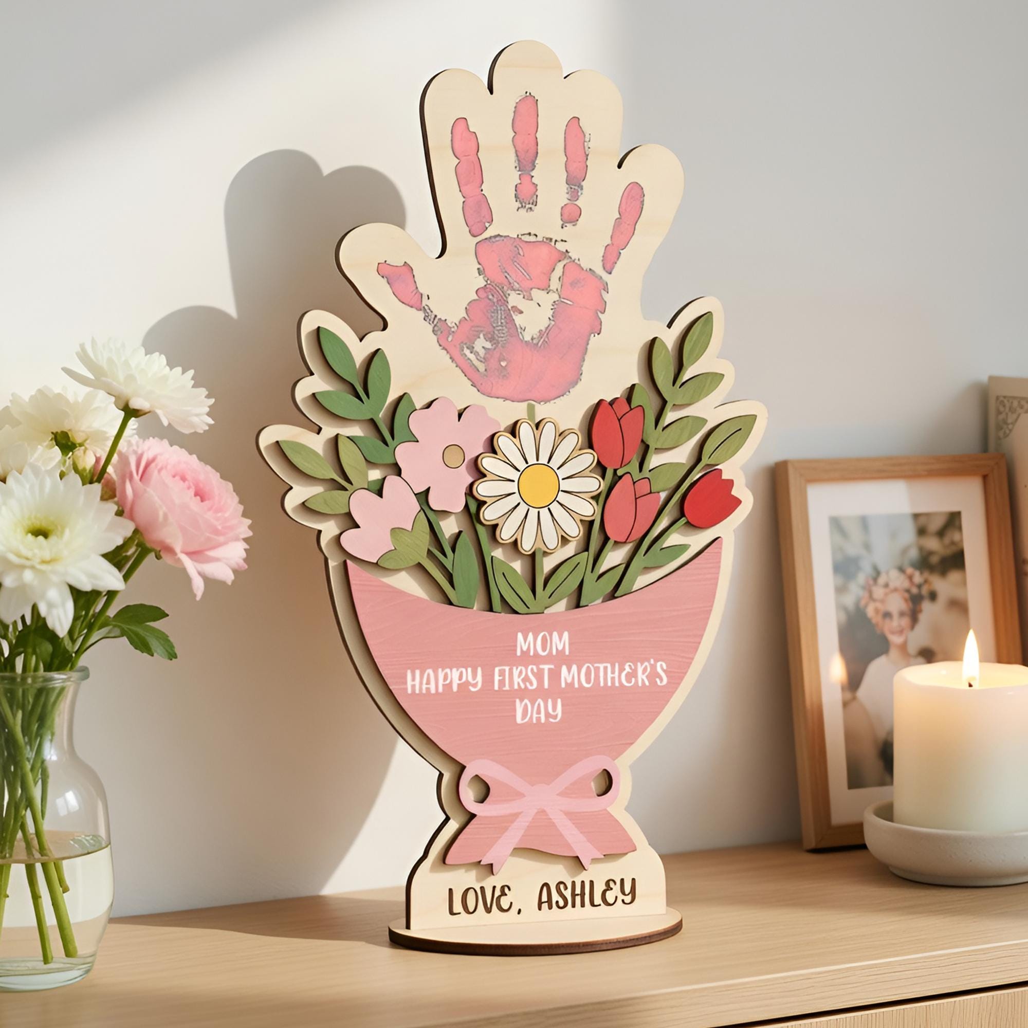 Custom Mother’s Day Handprint Flower Sign, DIY First Mother's Day Handprint Sign, Gift for Mom With Child’s Print