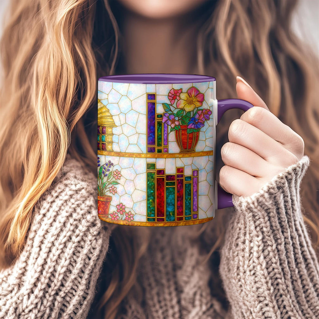 Book Lover Coffee Mug_ Stained Glass Bookshelf - Floral, Opal and Gemstone Style, Bookish Gift for Readers, Dark Academia Mug, Floral Bookshelf Cup, Cute Character Mug – Fun Design for Daily Use =