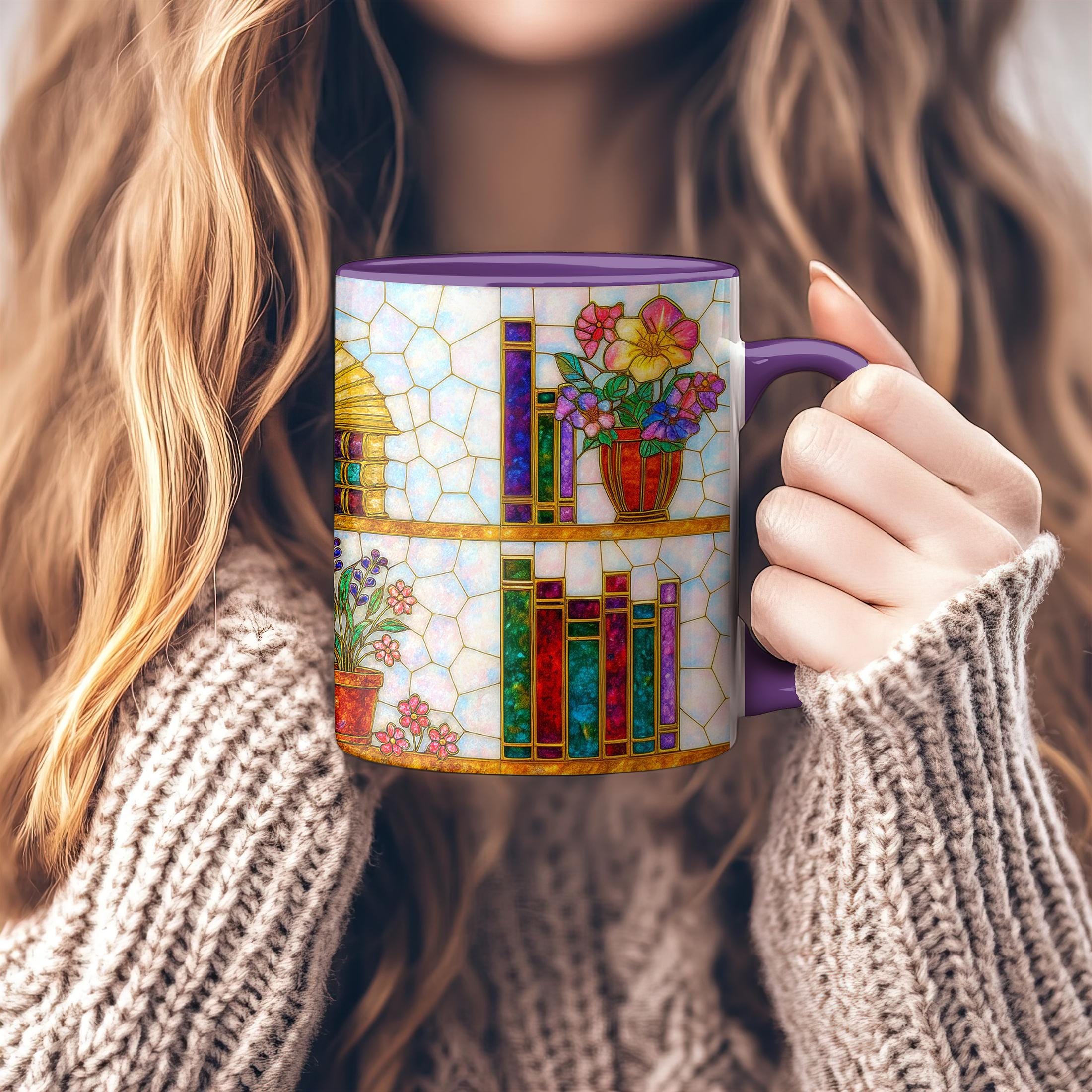 Book Lover Coffee Mug_ Stained Glass Bookshelf - Floral, Opal and Gemstone Style, Bookish Gift for Readers, Dark Academia Mug, Floral Bookshelf Cup, Cute Character Mug – Fun Design for Daily Use =