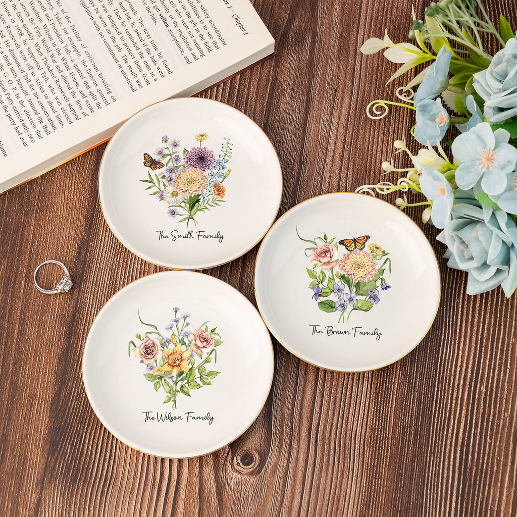 Personalized Birth Flower Jewelry Dish,family Flower Bouquet Ring Dish,wedding Gifts,birthday Jewelry Dish Gift for Mom,bridesmaid Gifts