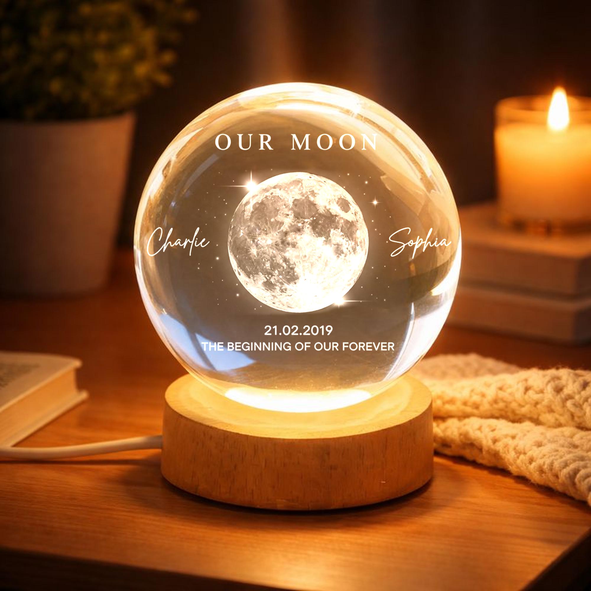 Our Moon Custom Moon Phase Crystal Ball Night Light, Personalized LED Glass Lamp, Valentine's Day Gift for Couple, Husband, Boyfriend, Wife