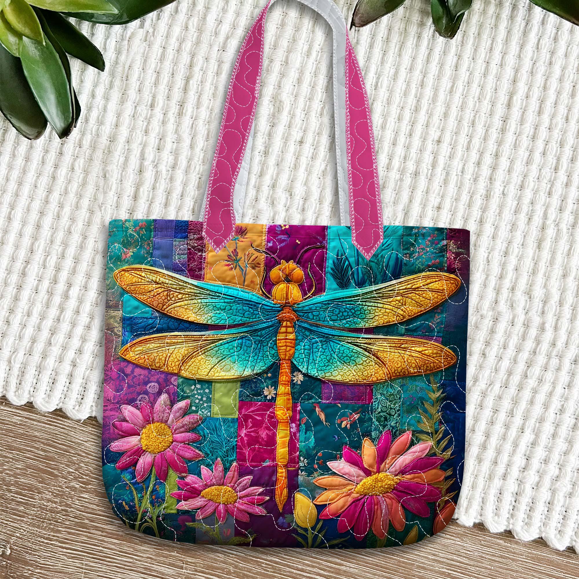 Colorful Dragonfly Quilted Tote Bag, Dragonfly With Wildflowers Bags, Boho Bags Gift for Women, Natural Lover Gift, Dragonfly Lover Gift