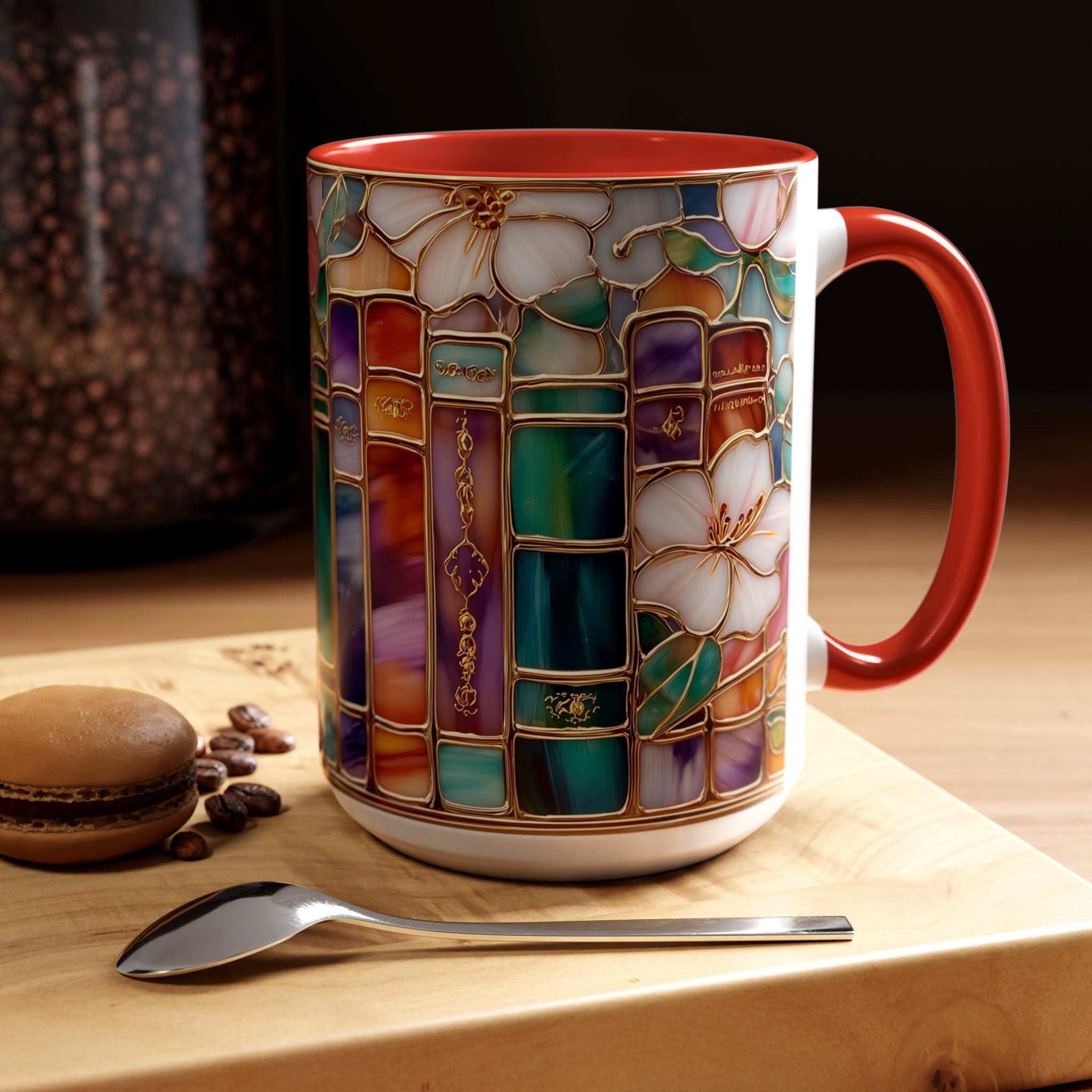 Stained Glass Print Book Mug_ Floral Library Coffee Cup, Book Lover Reading Nook Gift
