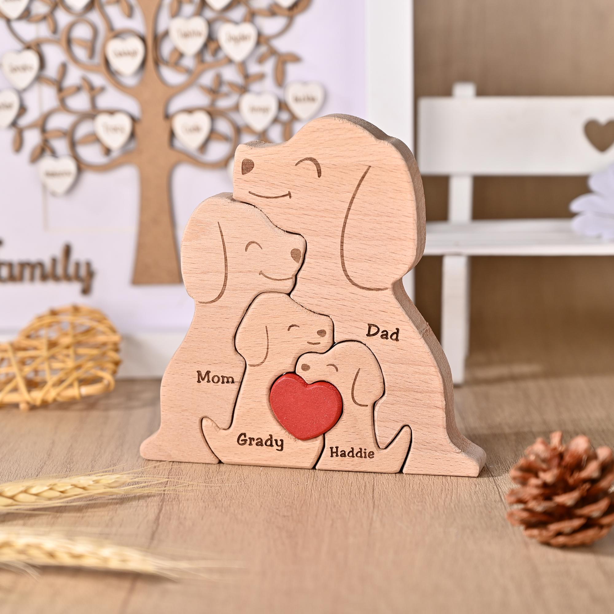 Personalized Wooden Dog Jigsaw Puzzle, Dog Family Figurines, Engraved Family Name Keepsake, Gift for Dog Lovers, Christmas Gift for Dog Mom